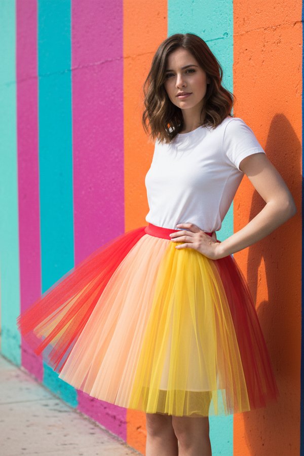 young woman weaign tule skirt against colorful wall