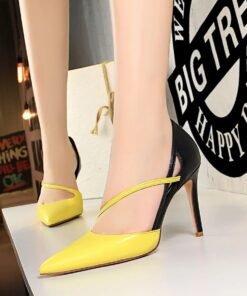 YELLO NEO BLACK HIGH HEEL SANDALS イエローM Neon Patent Leather Heeled Pumps Pointed Toe Stiletto Heels