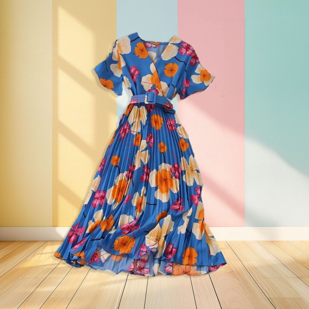 blue floral dress hanging in the air, pastel colored wall in the background