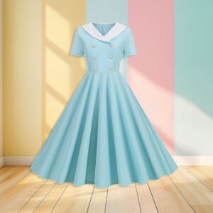 blue retro dress front view, pastel colored wall in the background