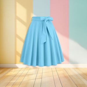 blue skirt front view, pastel colored wall in the background