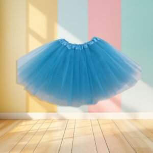 blue tulle skirt front view, pastel colored wall in the background