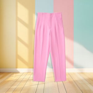 blush pink pants front view, pastel colored wall in the background