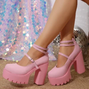 chunky pink heels on the feet of a model, side view, disco lights in the background