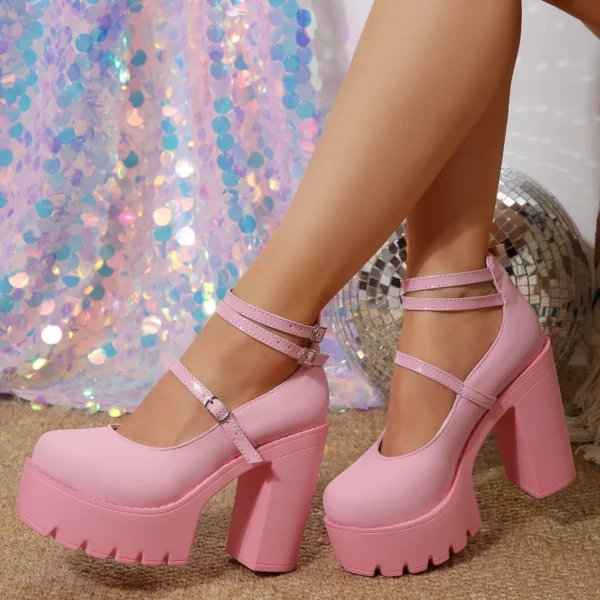 chunky pink heels on the feet of a model, side view, disco lights in the background