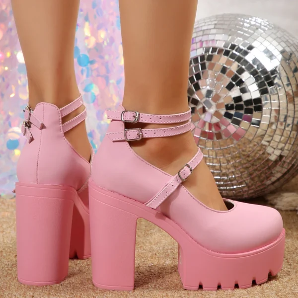 chunky pink heels on the feet of a model, back view, disco lights in the background