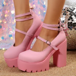 chunky pink heels on a model, disco lights in the background