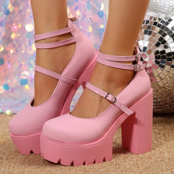 chunky pink heels on the feet of a model, side and front view, disco lights in the background