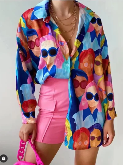 woman wearing colorful blouse and pink shorts