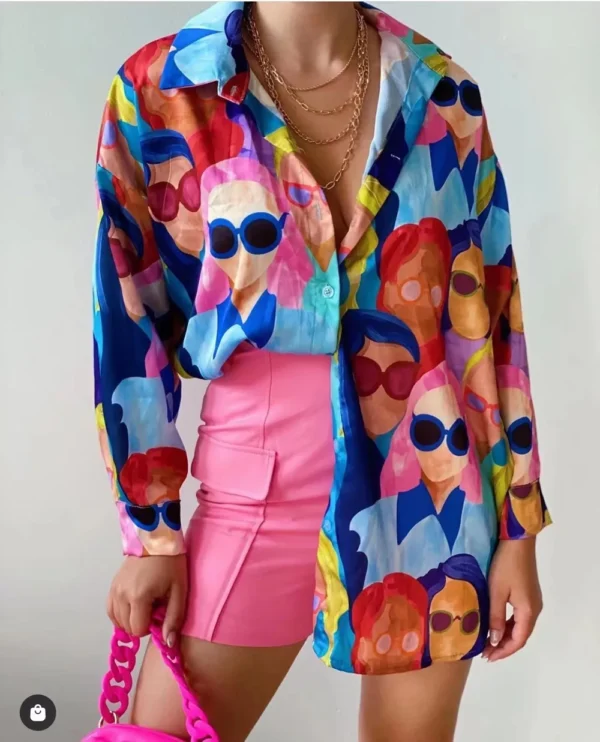 colorful blouse on a model, front view, a model is also wearing pink shorts