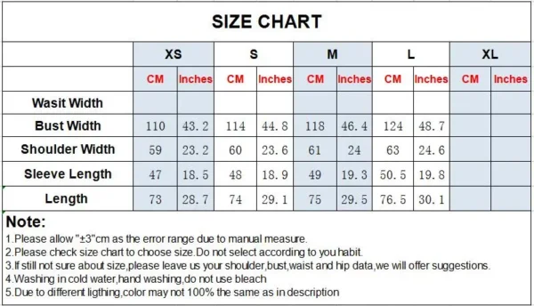 colorful blouses size chart