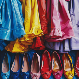 colorful dresses hanging on the hangers, below them a set of colorful flat shoes