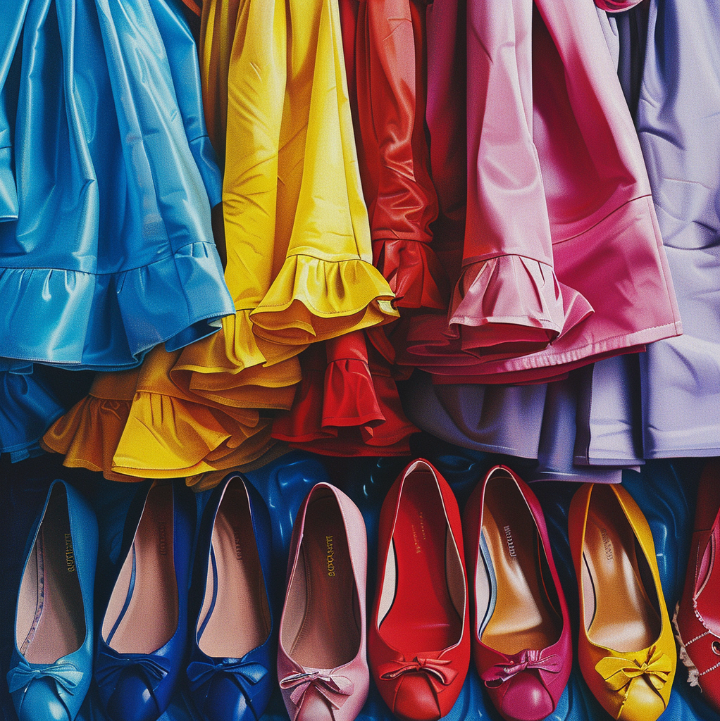 colorful dresses hanging on the hangers, below them a set of colorful flat shoes