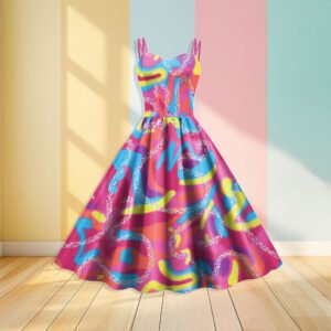 colorful party dress front view, pastel wall in the background