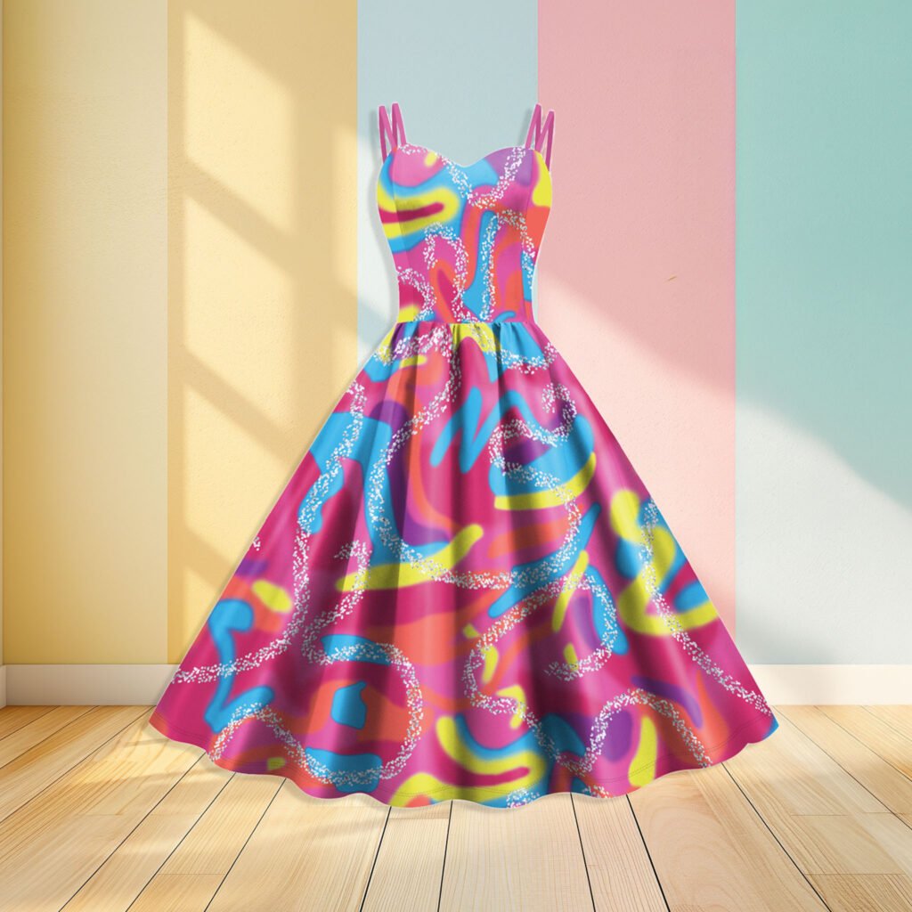 colorful party dress hanging in the air, pastel colored wall in the background