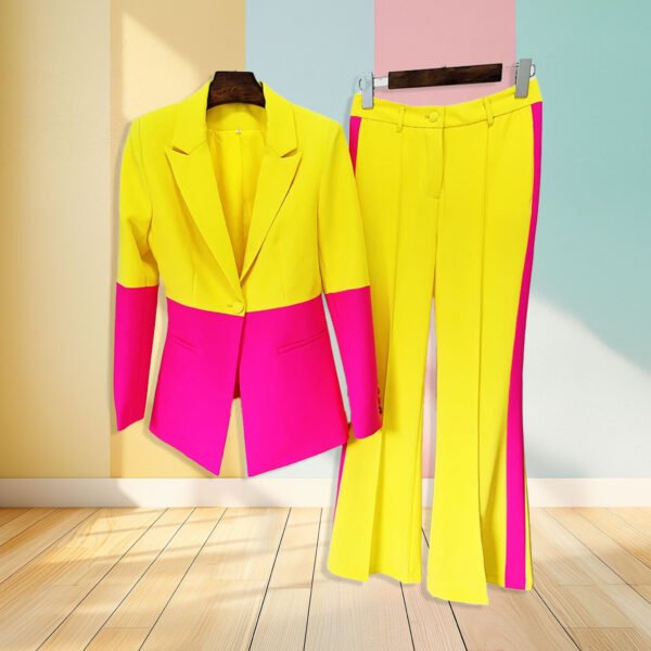 pink and yellow suit hanging in the air, pastel colored walls in the background