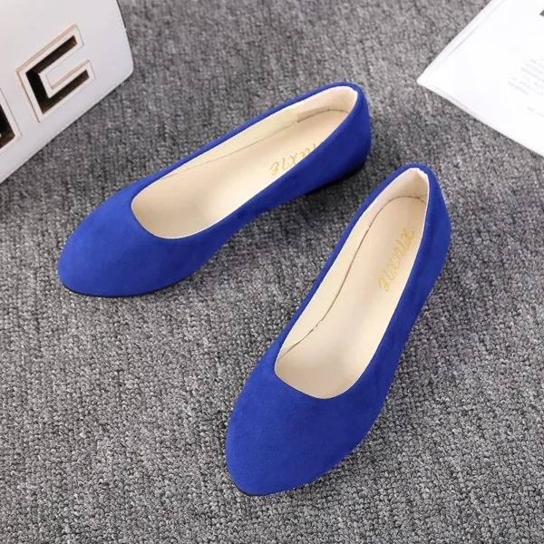 dark blue flats front view, standing on a grey carpet