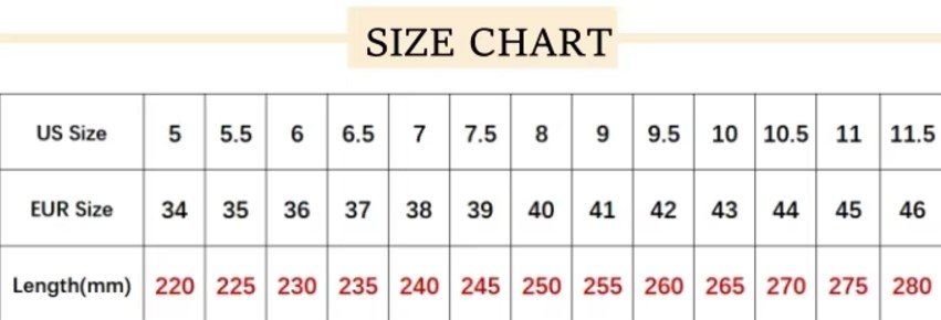 fairy heels size chart 