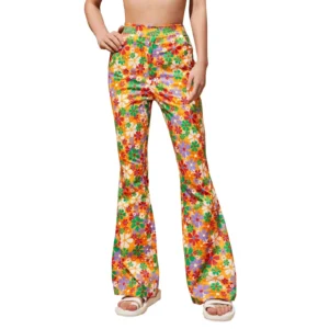 woman wearing floral wide leg pants on the white background