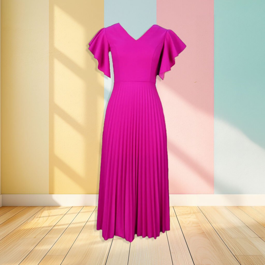 fuchsia dress hanging in the air, pastel colored wall in the background