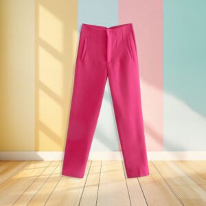 hot pink pants front view, pastel colored wall in the background