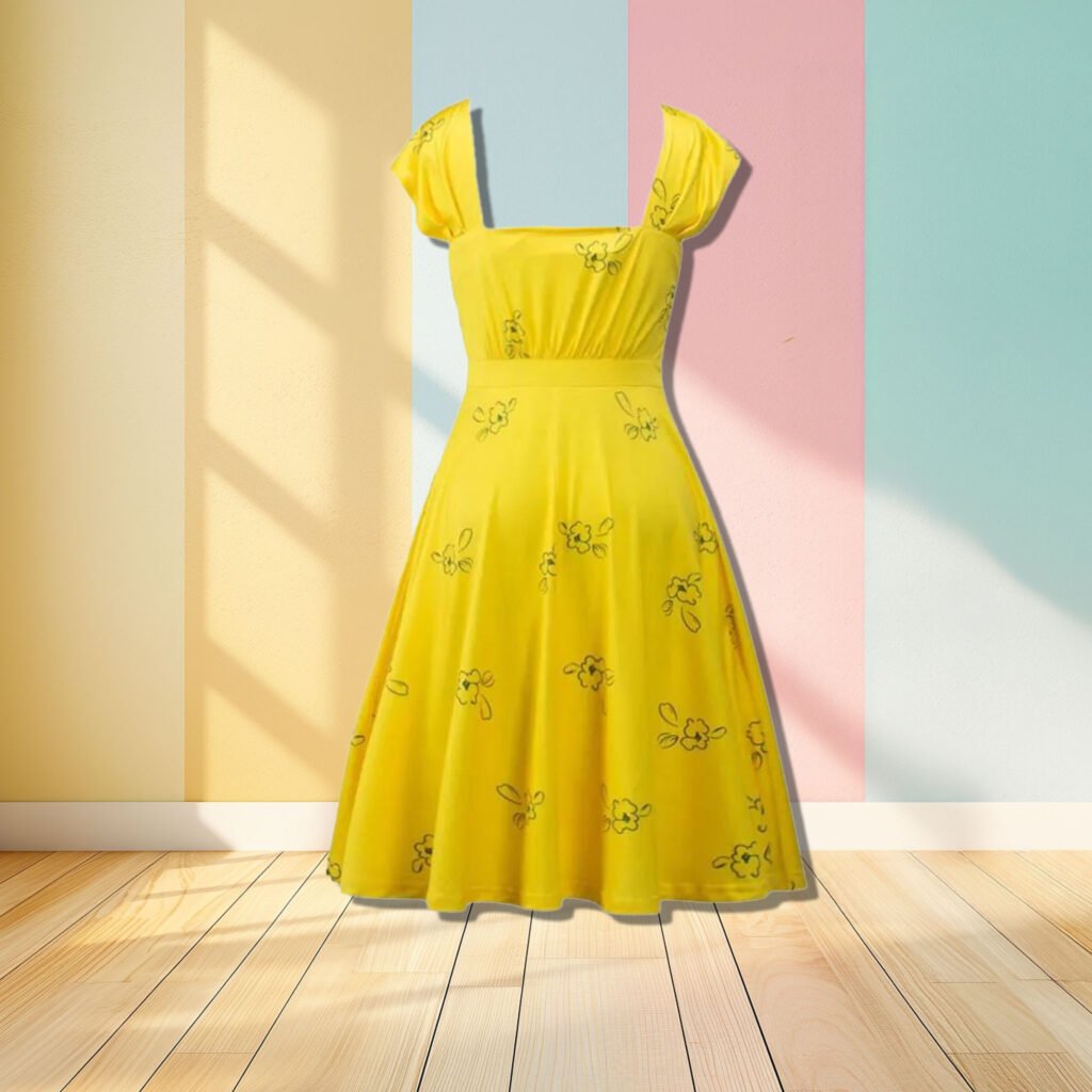 la la land dress yellow hanging in the air, pastel colored walls in the background