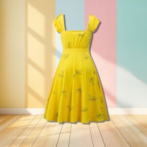 la la land yellow dress front view, pastel walls in the background