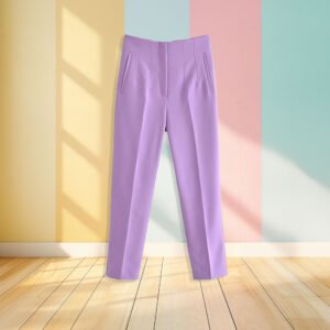 lavender pants front view, pastel colored wall in the background