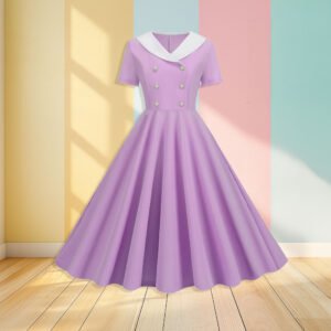 lavender vintage dress front view, pastel colored wall in the background