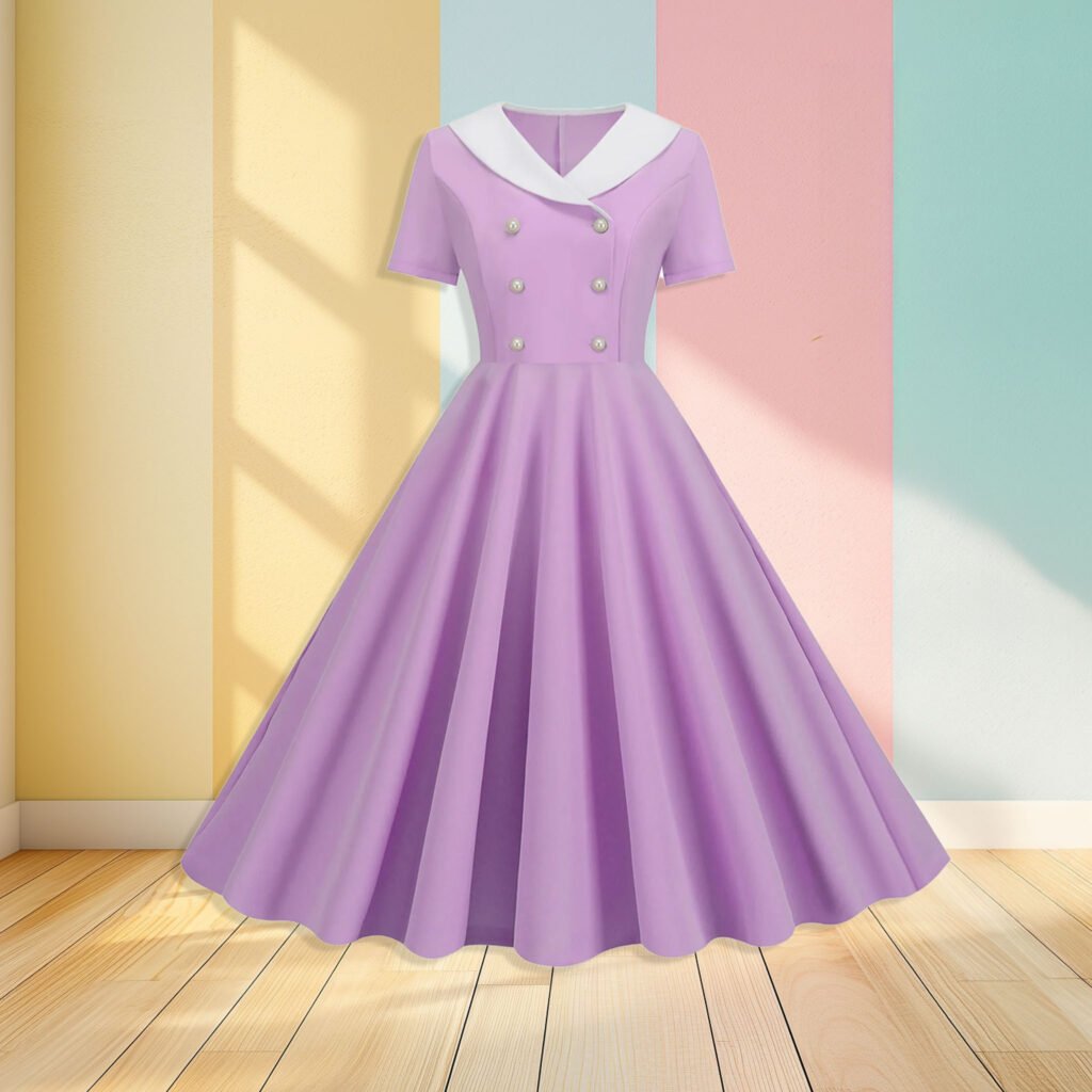 lavender dress hanging in the air, pastel colored wall in the background