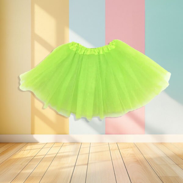 lime green tulle skirt front view, on the pastel colored background