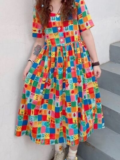 multicolor dress front view on a woman, grey stairs in the background