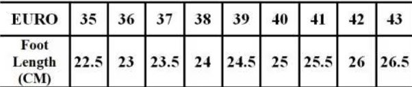 multicolor flats size chart