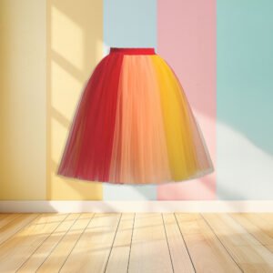 multicolored tulle skirt front view, pastel color wall in the background