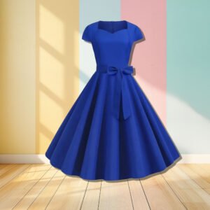 navy blue formal dress front view, pastel colored wall in the background