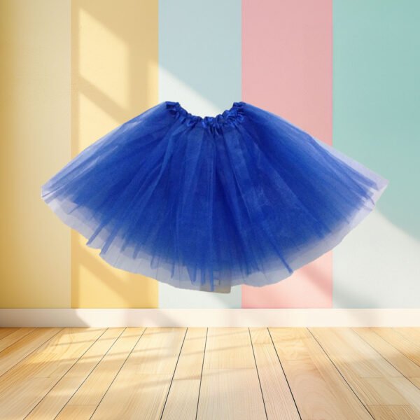 navy blue tulle skirt front view, pastel colored wall in the background