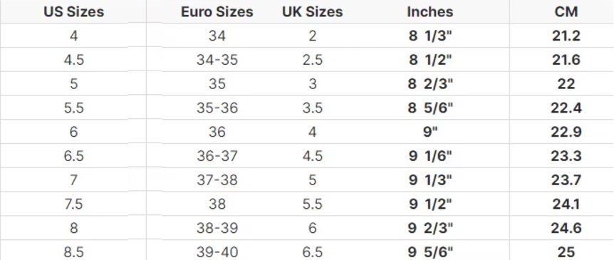 pineapple flats size chart