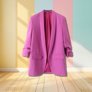 pink blazer hanging in the air, pastel colored walls in the background