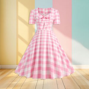 pink check dress front view, pastel colored wall in the background