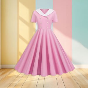 pink vintage dress front view, pastel colored wall in the background