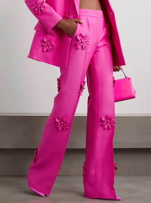 woman wearing pink wide leg pants