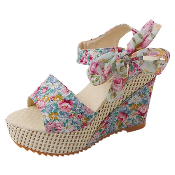 platform floral sandals side view, white background