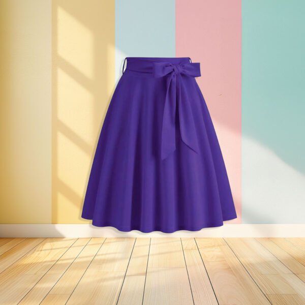 purple skirt front view, pastel colored wall in the background