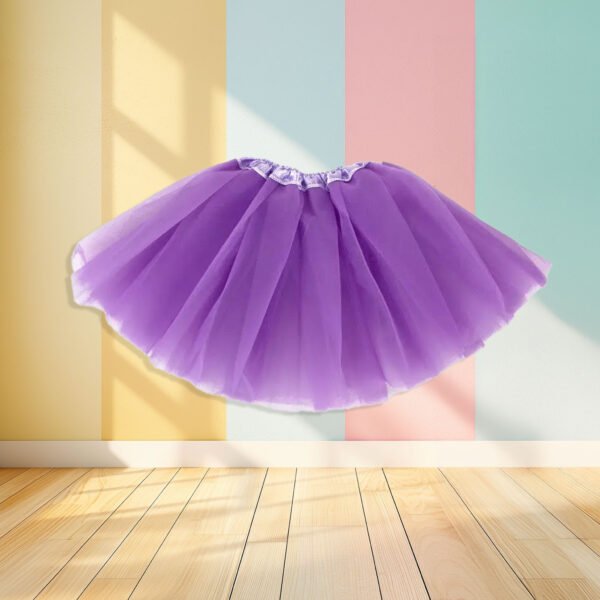 purple tulle skirt front view, pastel colored wall in the background