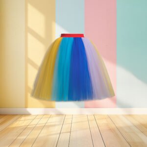 rainbow tulle skirt front view, pastel colored wall in the background