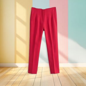 red pants front view, pastel colored wall in the background