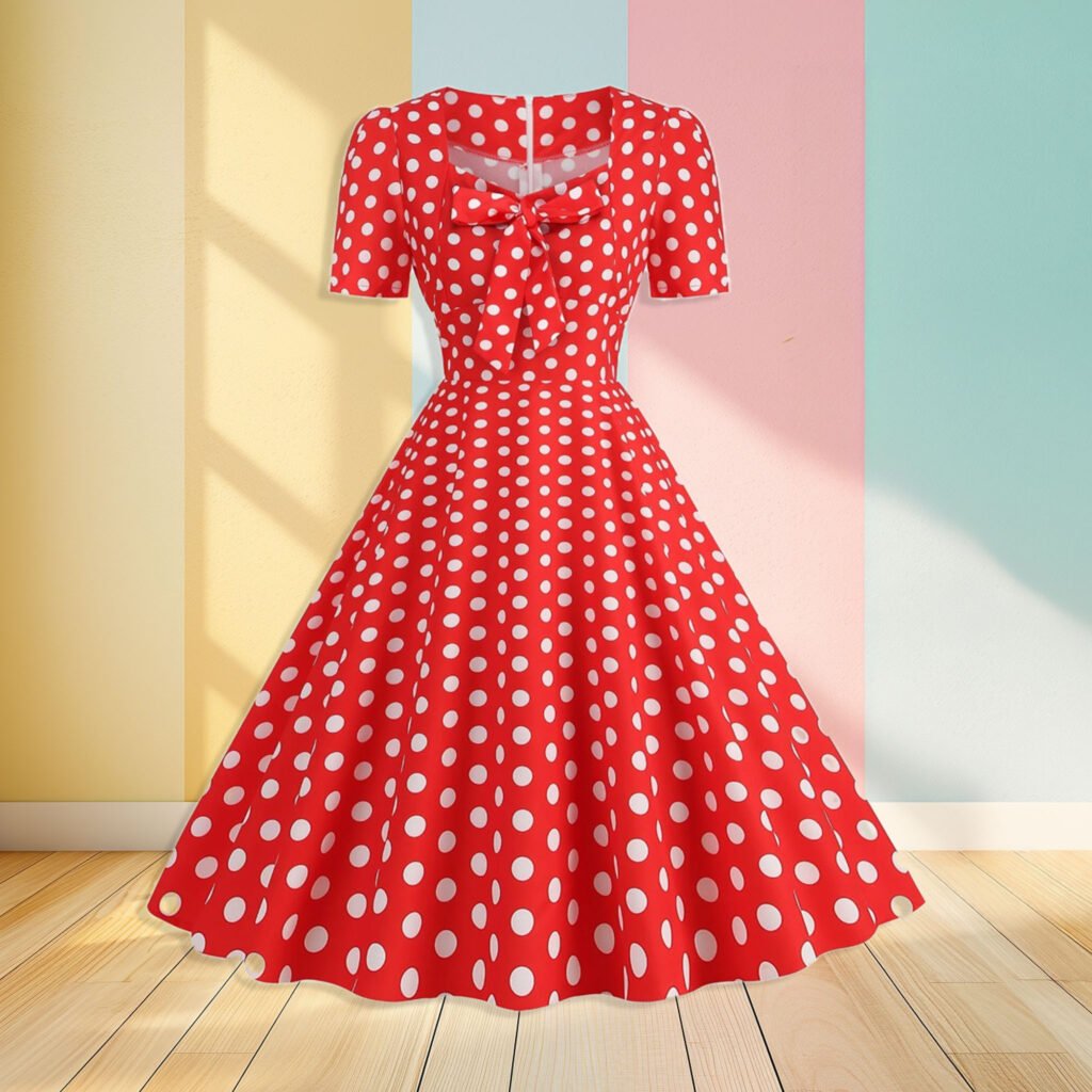 red polka dot dress hanging in the air, colorful wall in the background