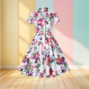 retro floral dress front view, pastel colored wall in the background