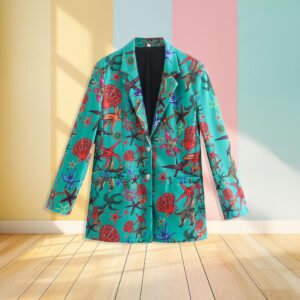 starfish printed colorful blazer front view, pastel colored wall in the background