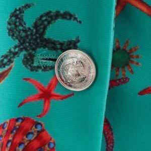 the button of the turquoise blazer